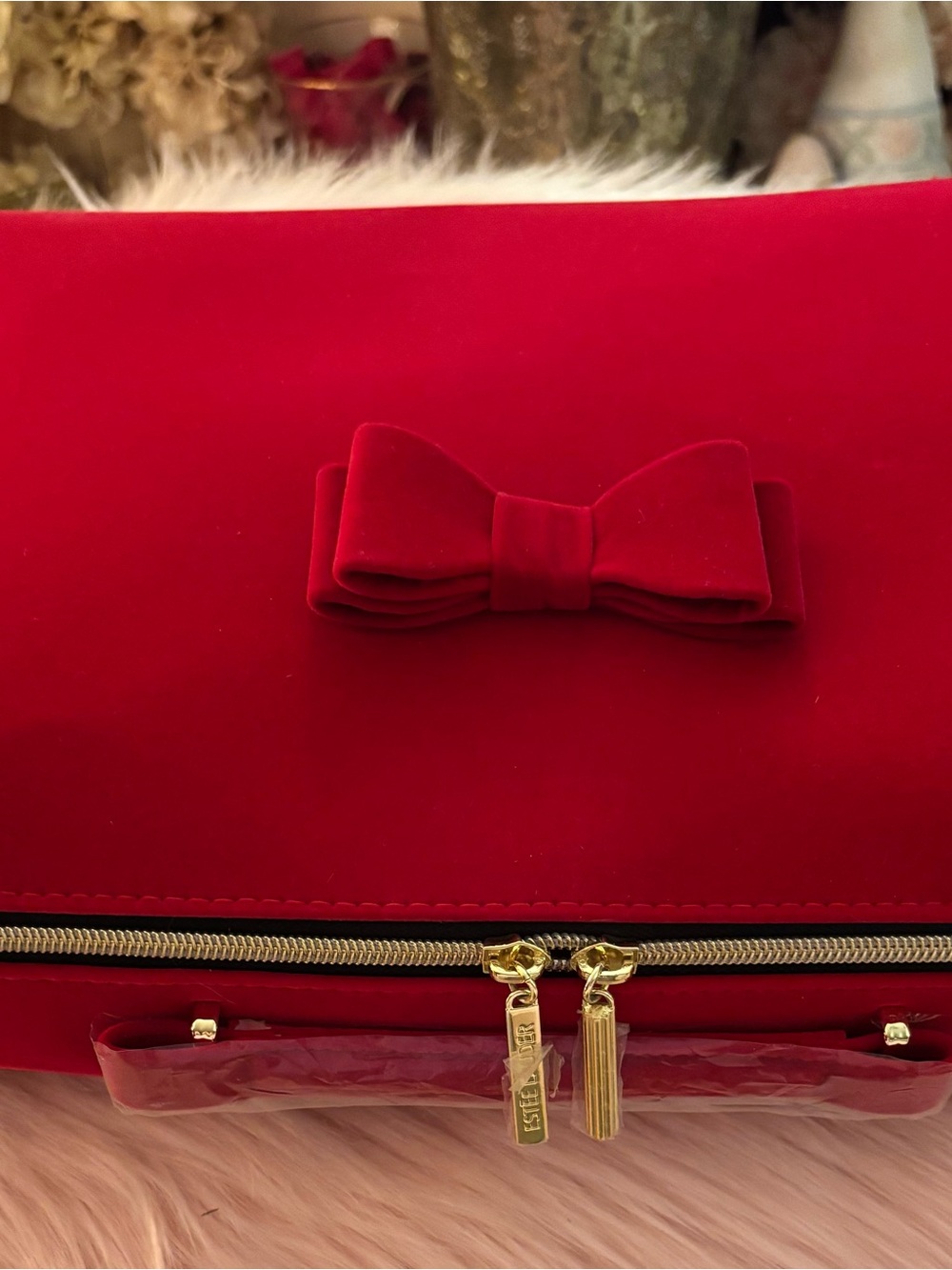 Estee Lauder Red Velvet Bow Cosmetic Bag with Gold Zipper Pulls